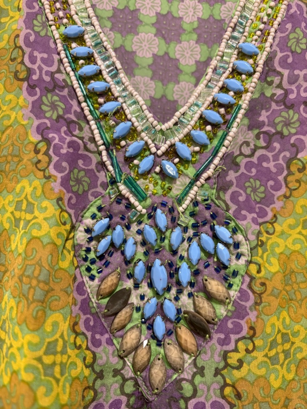 Hale Bob Silk Blend Beaded Boho Tunic Top Green Purple Size S - Picture 7 of 8